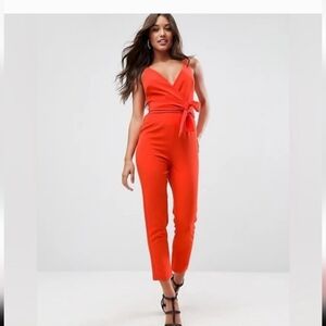ASOS Orange-Red Sleeveless Wrap Jumpsuit with Waist Tie